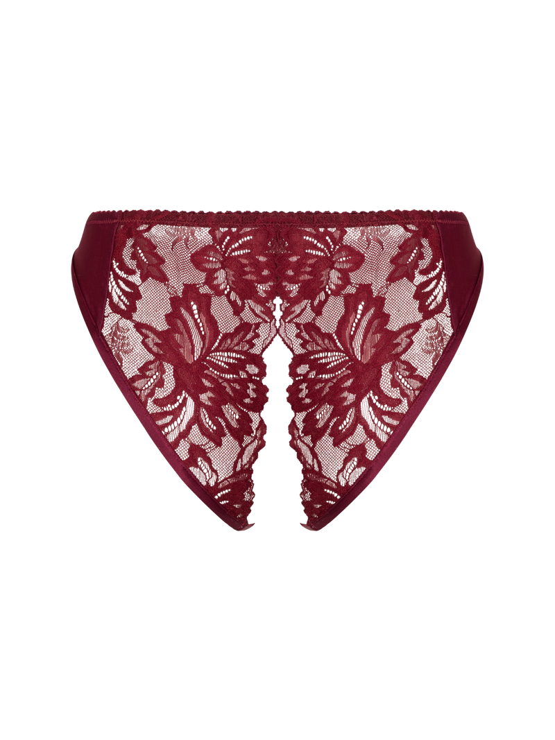 burgundy red lace ouvert full brief with gold detail