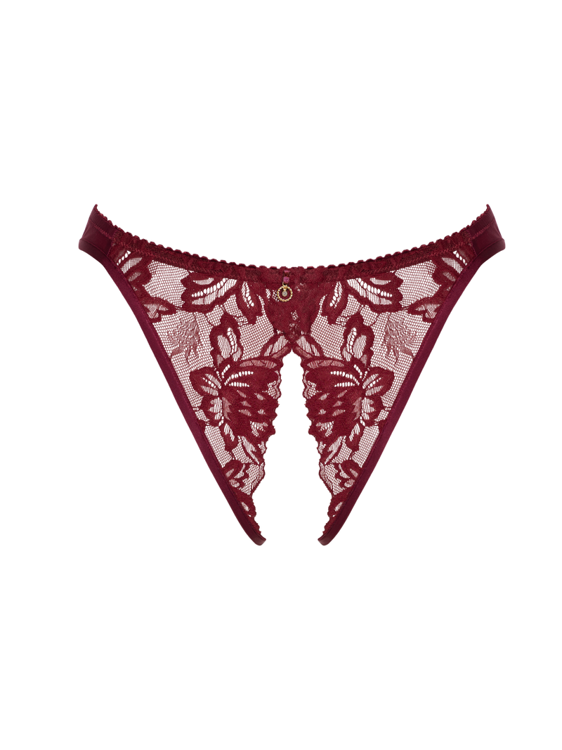 burgundy red lace ouvert full brief with gold detail