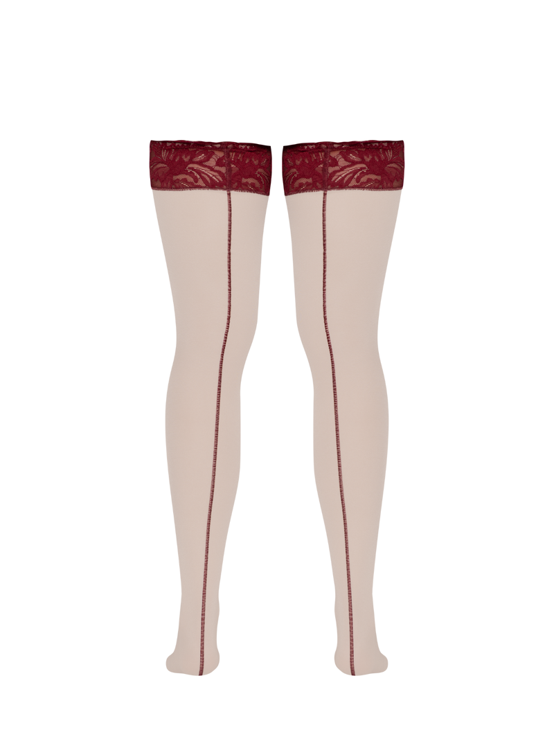 beige stockings with burgundy red lace 