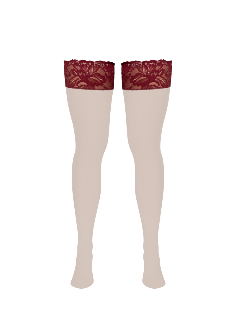 beige stockings with burgundy red lace 