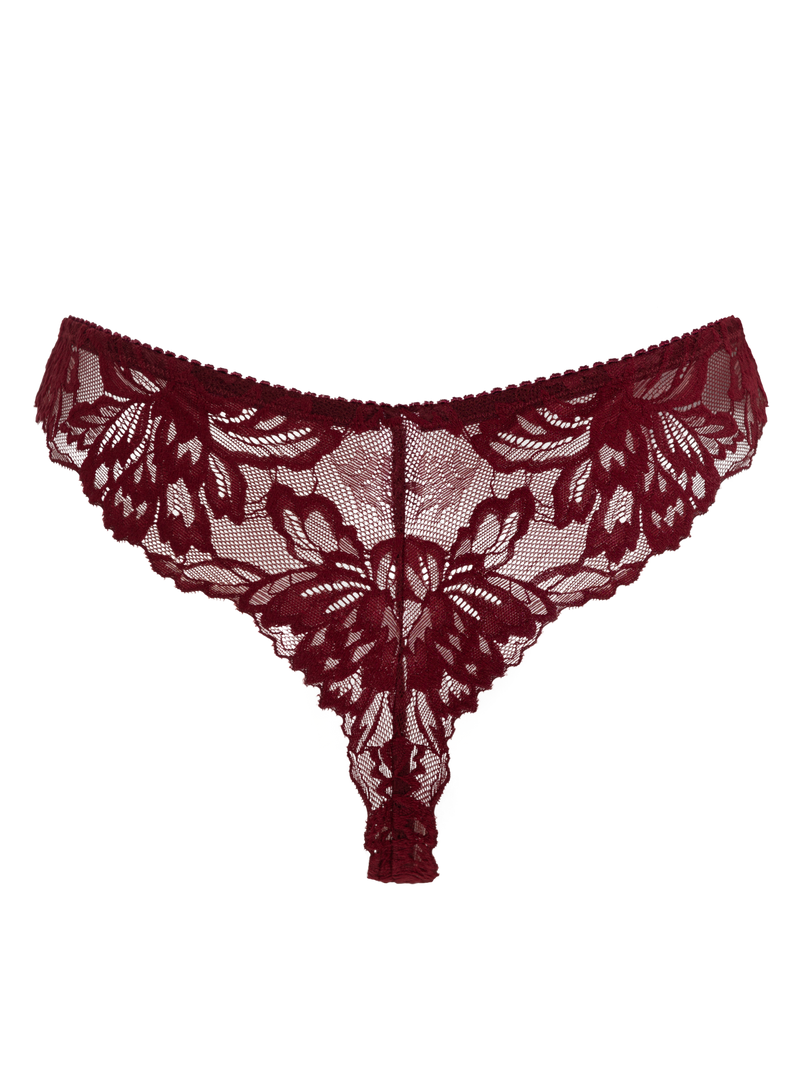 burgundy red lace thong with gold detail