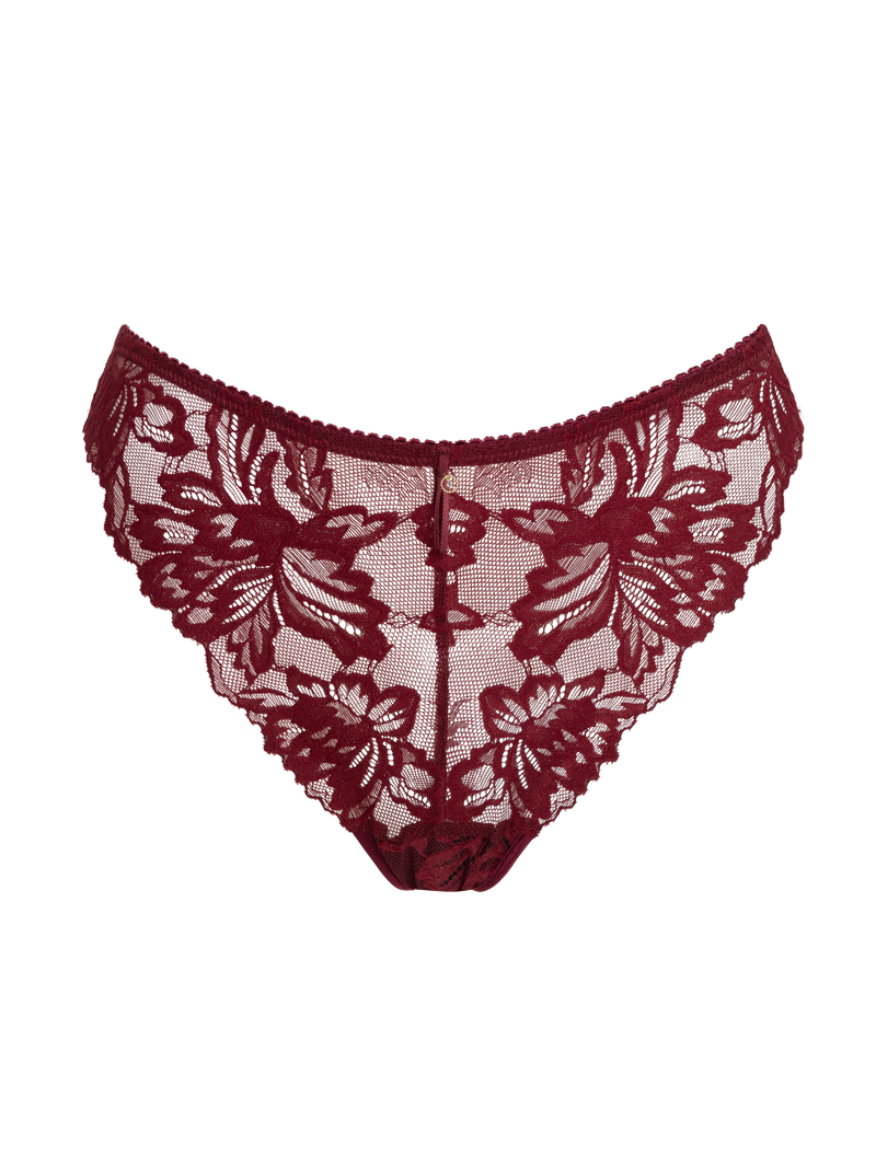 burgundy red lace thong with gold detail