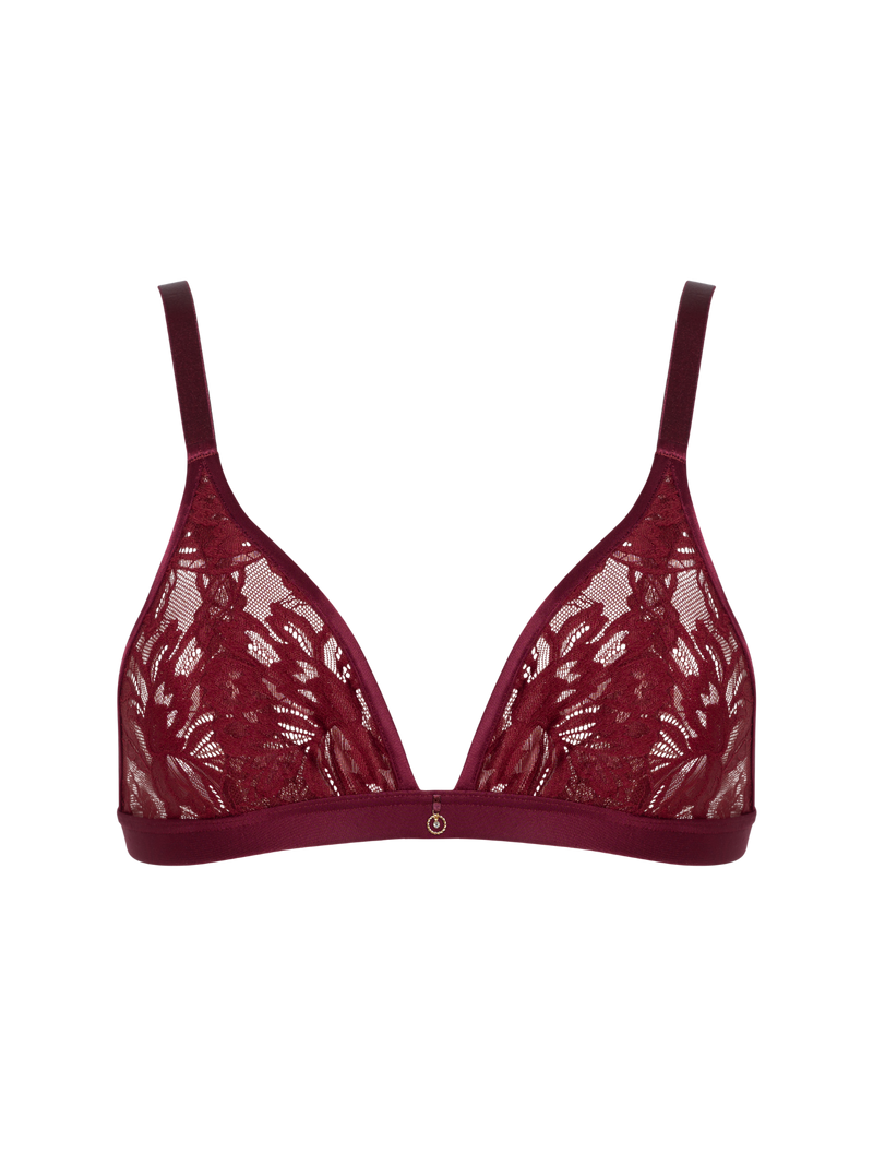 burgundy red lace triangle bra with gold details