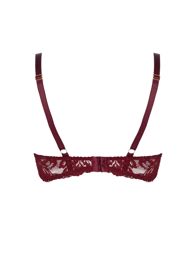 burgundy red lace underwired bra with gold detail