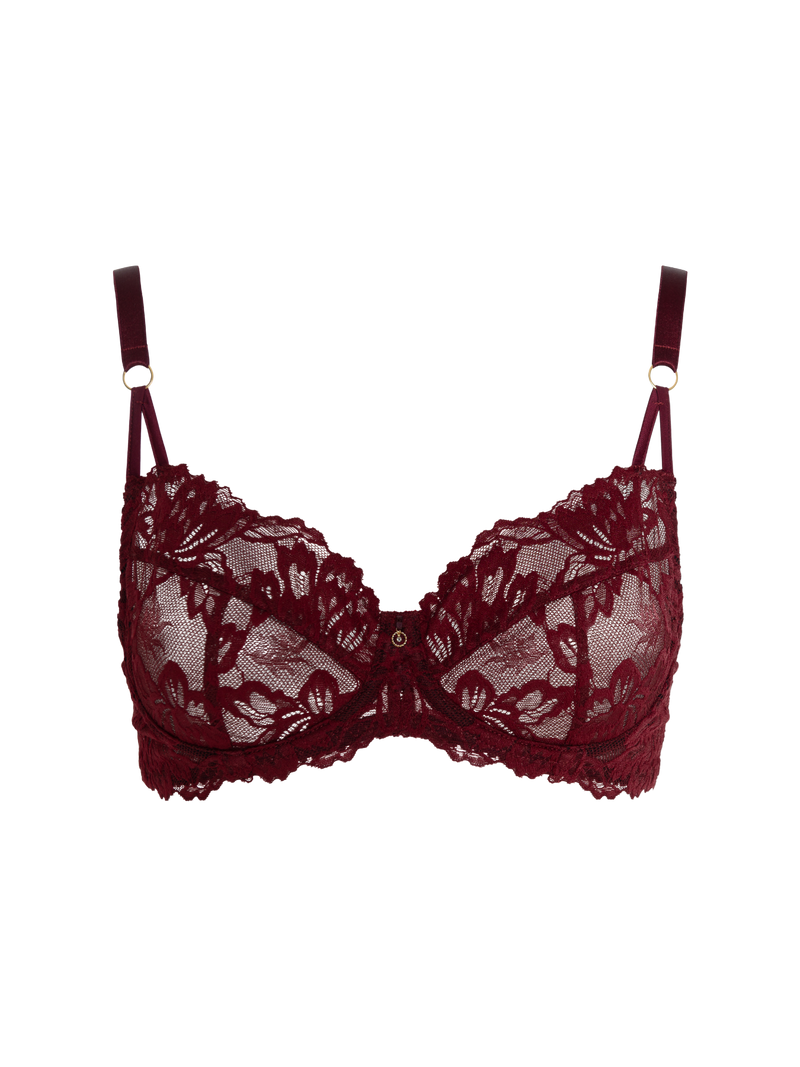 burgundy red lace underwired bra with gold detail